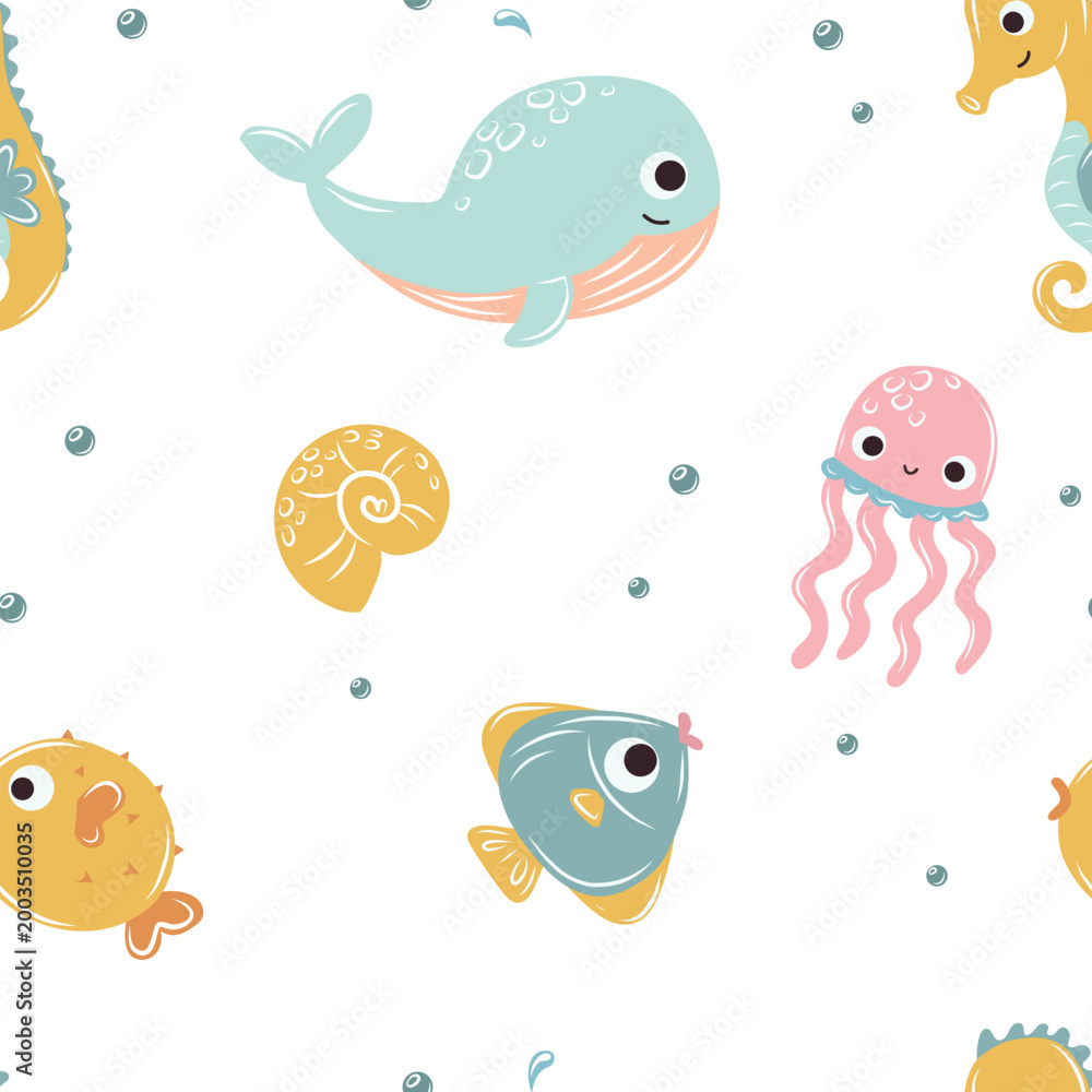 Fototapeta premium Marine life seamless pattern with sea animals and shells in flat style