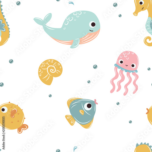 Marine life seamless pattern with sea animals and shells in flat style
