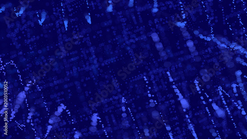 Cascading vertical lines of glowing blue dots create a dynamic digital data flow in this dark vector background. The pattern suggests a complex network visualization with depth.