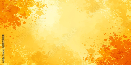 Abstract orange grunge background featuring a floral autumn pattern with yellow leaves and a butterfly illustration for a seasonal fall texture design