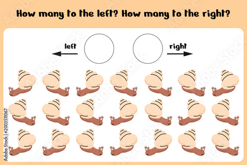 Kids counting worksheet with snails left and right learning activity