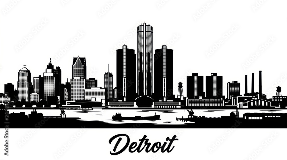 Obraz premium Black and white skyline silhouette of Detroit featuring Renaissance Center, historic industrial architecture, and riverfront. No people. Strong contrast. Bottom: