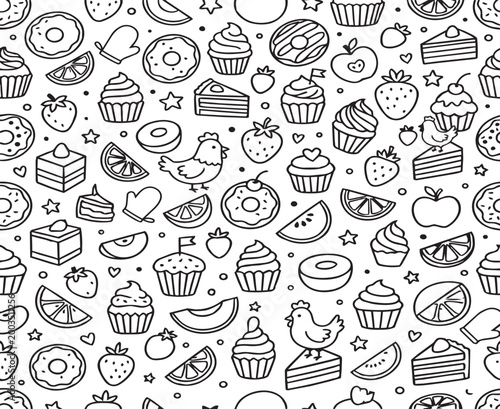 Seamless bakery doodle pattern with sweet cakes donuts fruits and oven mitts