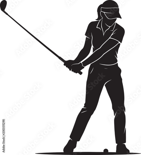 Silhouette of woman golfer executing powerful swing with club high in air poised for impact on transparent checkered background focused athlete preparing shot.