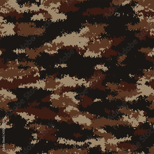 Digital Brown Camouflage Vector, Seamless Pixelated Camo Pattern, Tactical Earth Tone Pixel Background, Dark Timber Hunting Texture