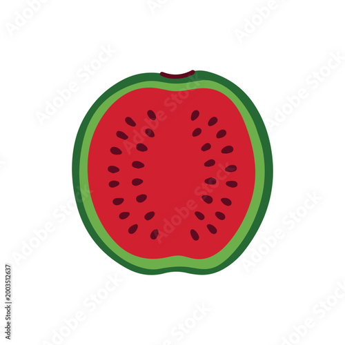 A red watermelon cut in half, displaying the juicy pulp and dark seeds. Excellent for illustrating cross-sections of fruits and healthy food content.