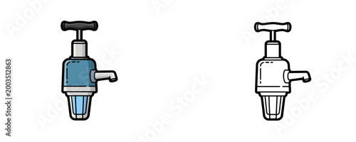 Water filtration pump illustrations in flat color and black line styles showing portable survival gear for clean drinking water from natural sources on white background