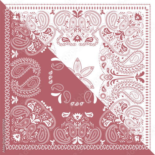 Retro bandana with paisley pattern. Abstract floral design. retro bandanna print in red tones, featuring ethnic ornaments and abstract swirls.