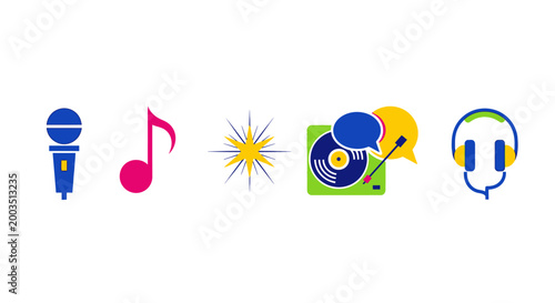 Music icons microphone note starburst turntable headphones on white