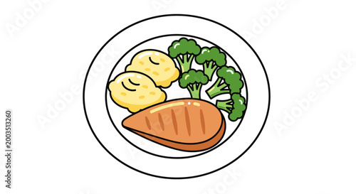 Plate of cooked food with chicken breast broccoli and mashed potatoes illustration