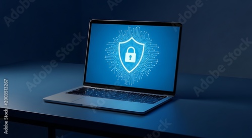 Laptop displaying a digital shield with a padlock icon