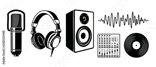 Fotografie Music Studio Equipment Icons Set, Professional Audio Gear Collection, Microphone