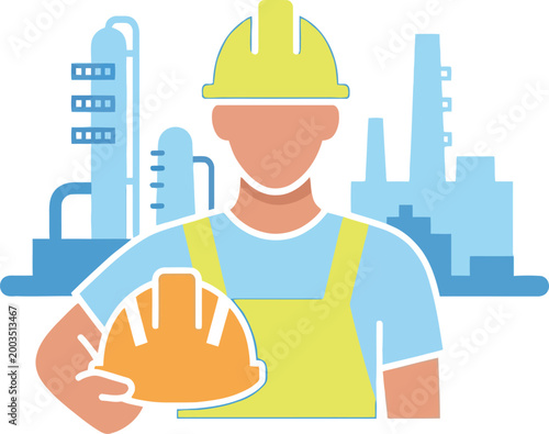 Construction worker in hard hat and overalls standing in front of industrial factory