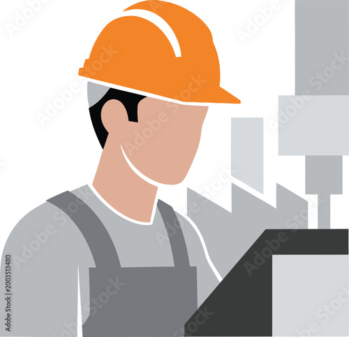 Construction worker in orange hard hat and overalls looking at industrial equipment