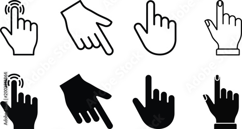 Pointing hand icons black and white variations for user interface elements