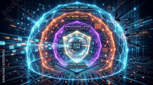 Multi layered data security shield protection structure within abstract digital network environment