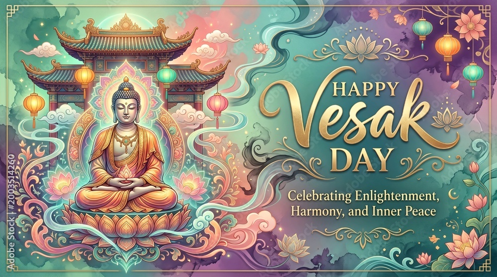 Fototapeta premium Vesak Day Illustration with Jade Buddha and Calligraphy