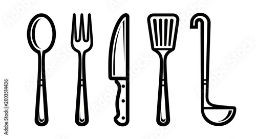 Black and white kitchen utensils illustration for culinary and design