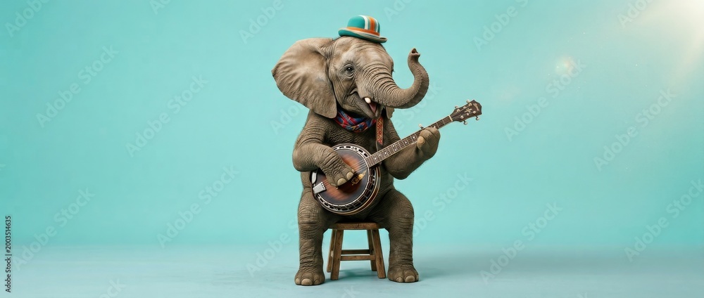 Fototapeta premium Elephant wearing a hat playing a banjo musical instrument with elephant wildlife musician