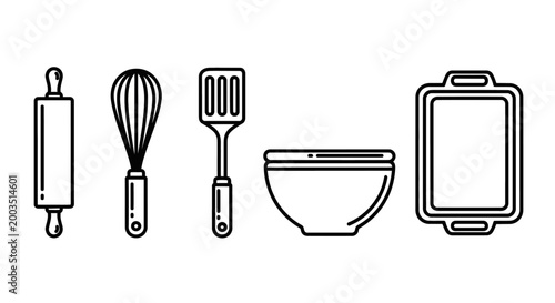 Line art kitchen utensils set for baking and cooking preparation