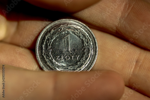 Canvas Print 1 (one) złoty (PLN) coin held in the hand
