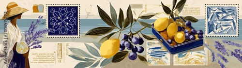 Mediterranean summer collage with lemons and lavender. Artistic travel postcard illustration with coastal elements
