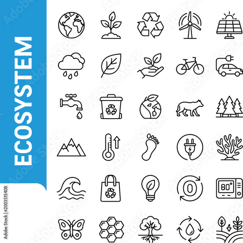 Collection of 28 ecosystem and environment line icons, featuring earth, plants, recycling, and renewable energy symbols.