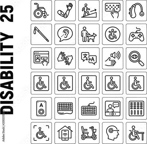Diverse set of 28 disability and accessibility line icons, showing wheelchairs, prosthetics, and assistive technologies.
