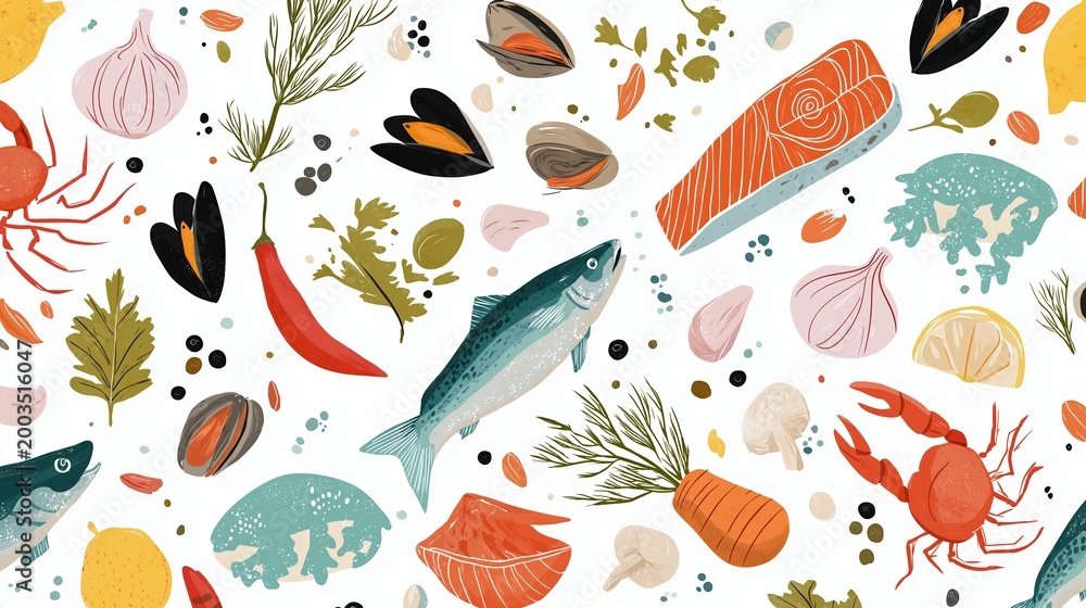 Naklejka premium Seamless pattern of fresh seafood and aromatic herbs. Hand drawn illustration of fish, crab, mussels, and spices for culinary design