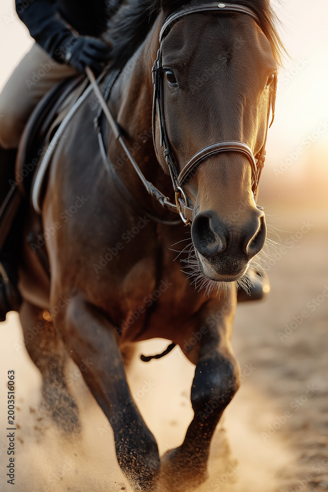 Obraz premium Rider on horse moving through dirt at sunset during equestrian activity