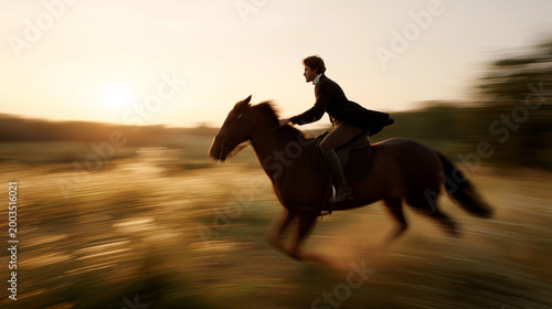 Horse rider moves fast across a field during sunset with a vibrant sky in the background