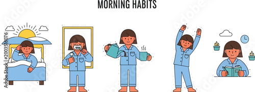 Girl performs her daily morning routine illustrated in a sequence of drawings.