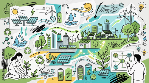 Sustainable smart city ecosystem with renewable energy sources solar panels wind turbines and green urban planning