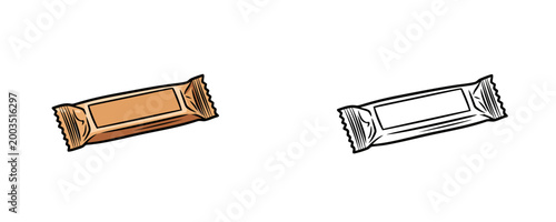 Energy bar cartoons in colored and outline styles showing a nutrition protein snack in foil wrapper for sport and hiking activities on white background