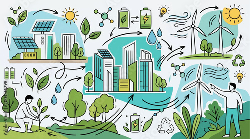 Sustainable smart city ecosystem with renewable energy sources solar panels wind turbines and green urban planning