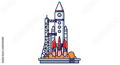 Cartoon rocket launching into space with fire and smoke isolated