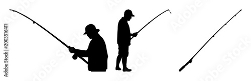 Fishing rod set with black silhouette on white background featuring fishing rod, silhouette, sports equipment with black line art and white background
