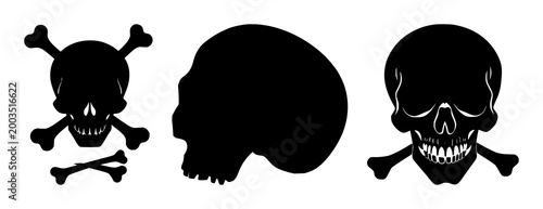 Skull and crossbones set with black silhouette, white background featuring ominous, nautical, danger with pirate and maritime