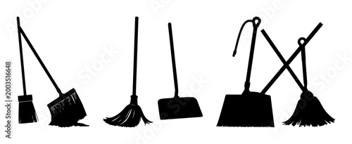Broom and dustpan set with black silhouette against white background featuring sweeping tools, cleaning implements, household accessories with line art and minimalist