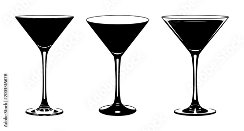 Martini glass set with black silhouette on white background featuring cocktail, beverage, iconography with line art and silhouette