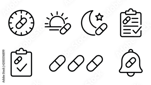 Photos Medical pill reminder line icons, medication schedule vector set, pharmacy presc
