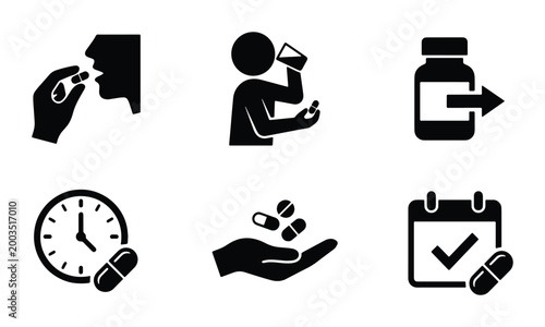 Canvas Print Medical pill intake icons set, black silhouette medicine dosage symbols, healthc