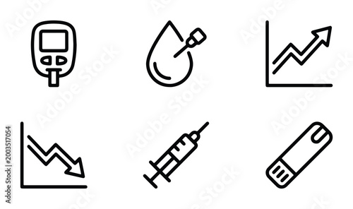 Fotografija Diabetes medical icon set, 6 black line vector symbols for blood sugar monitorin