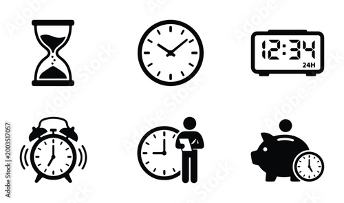 Minimalist time management icon set, black clock and hourglass vector symbols, 6 business productivity elements for scheduling and deadlines