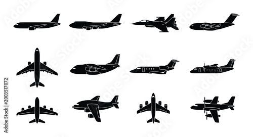 Airplane silhouette vector set, 12 aircraft icons including commercial jet, fighter plane and cargo aircraft, aviation transport symbols
