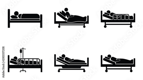 Hospital bed icons set, medical patient pictogram collection, healthcare clinic furniture symbols, 6 black vector silhouettes for infirmary signage