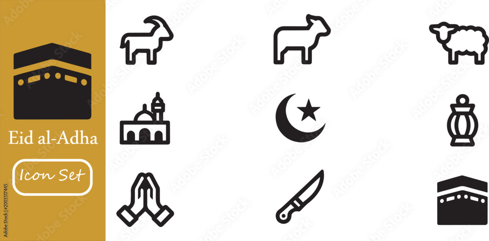 Fototapeta premium Eid al-Adha Icon Set: Islamic Qurbani Symbols, Bakra Eid Sacrificial Animal Icons, Hajj Pilgrimage & Kaaba Vector Graphics, Muslim Religious Celebration Outline Icons for UI UX Design