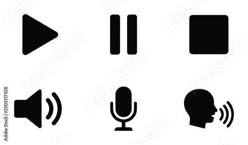 Minimalist media player icon set, black vector audio control symbols, 6 multimedia interface elements for video and music playback apps