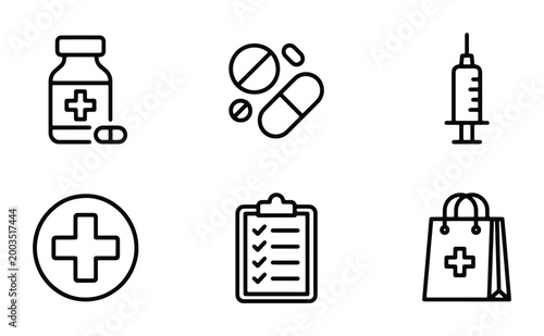 Medical line icon set, pharmacy and healthcare vector elements, 6 minimalist medicine symbols for hospital and clinic branding