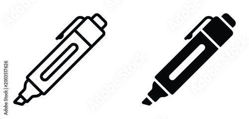 Fotografie Minimalist highlighter pen icon set, black outline and solid felt tip marker vec